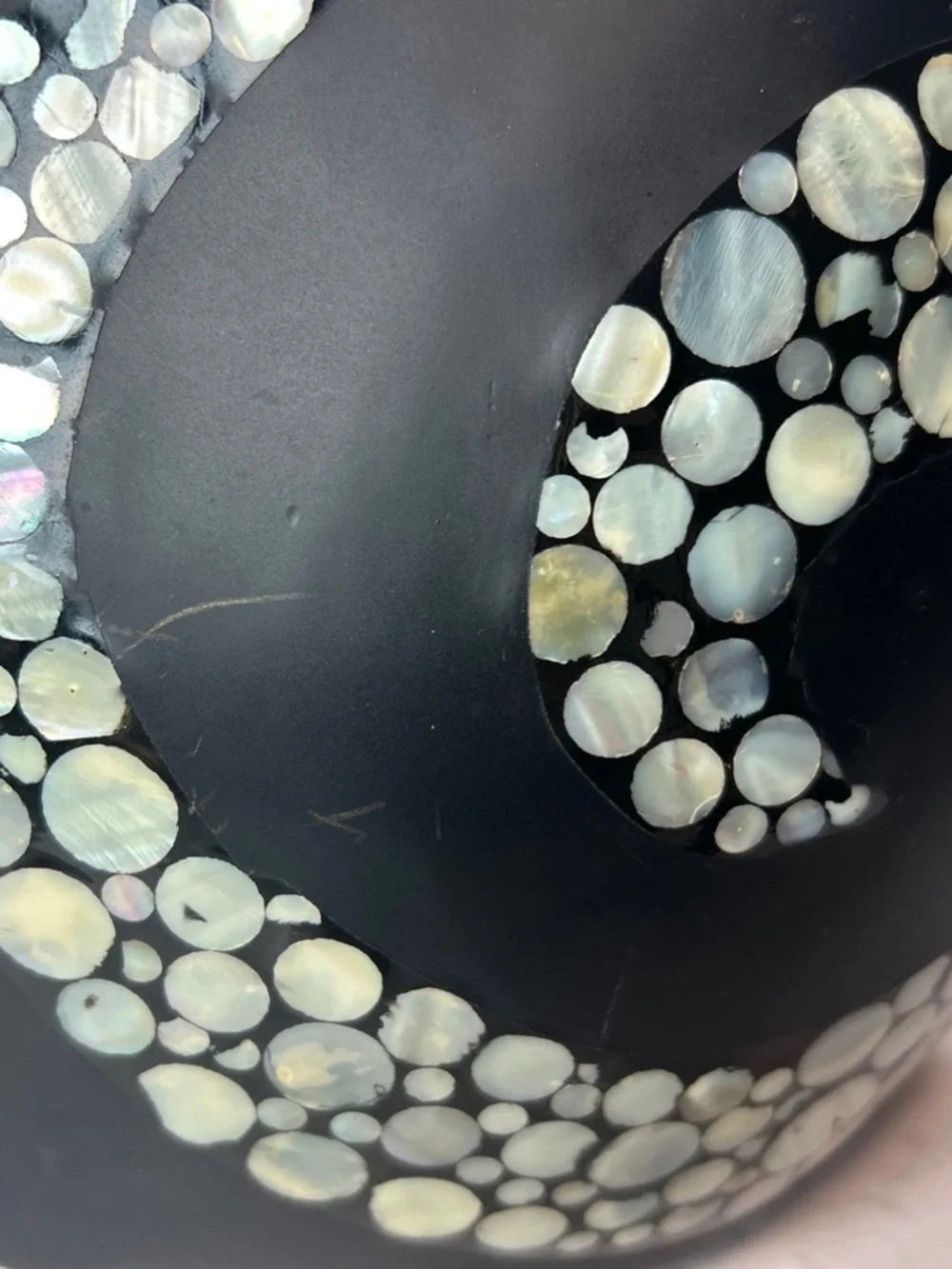 Black Ceramic Vase Vessel Intricate Mother of Pearl Inlay Swirl MCM Art Deco 8
